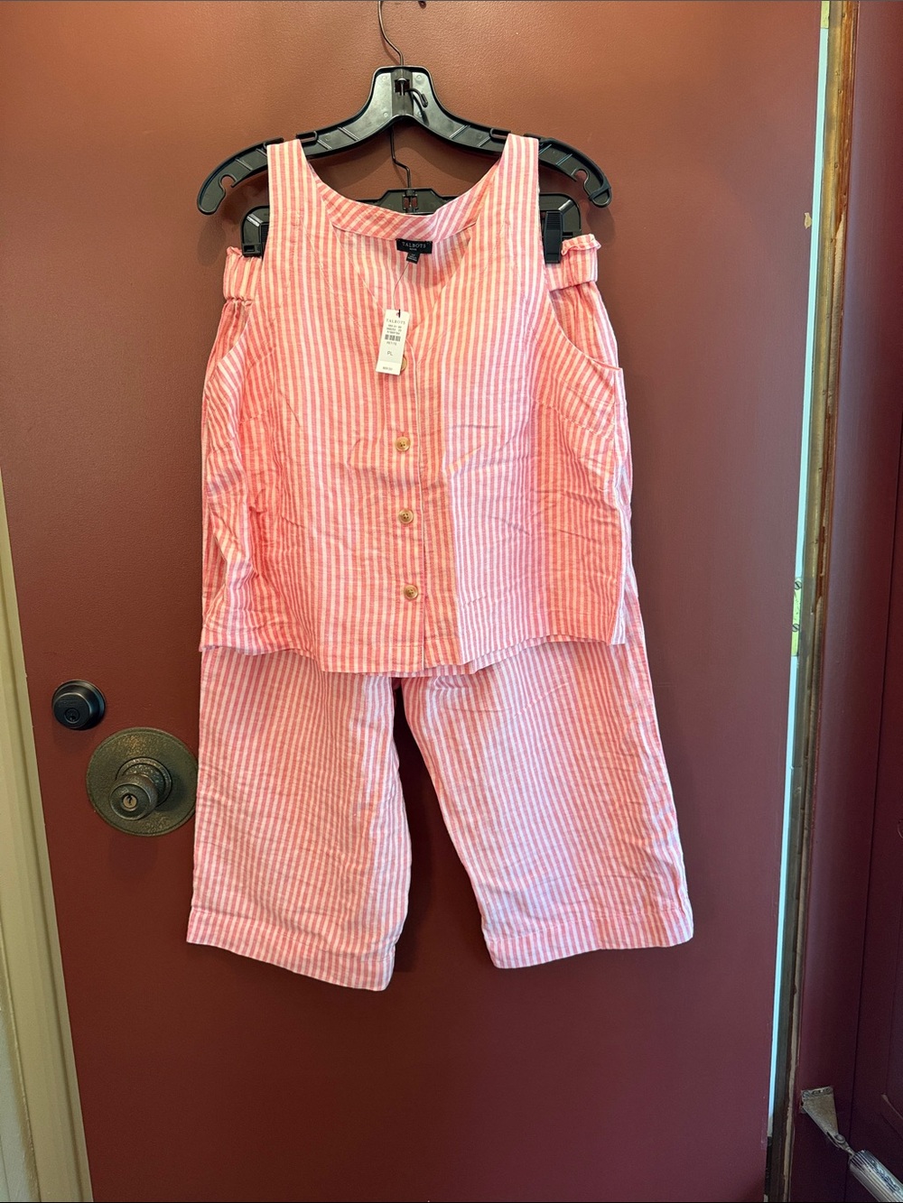 Talbots Pink and White Striped Sleeveless Matching Set with Wide Leg Pants